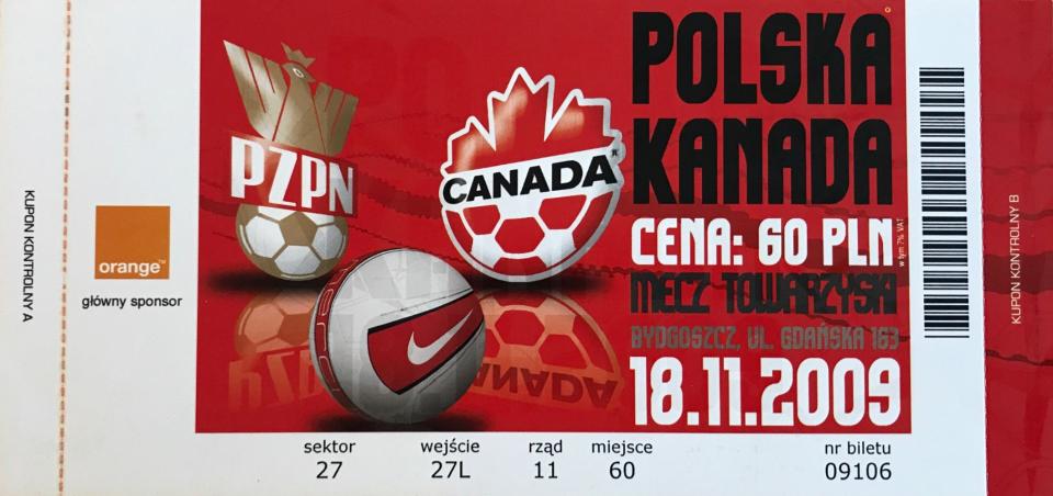 Bilet z meczu Polska – Kanada 1:0 (18.11.2009)