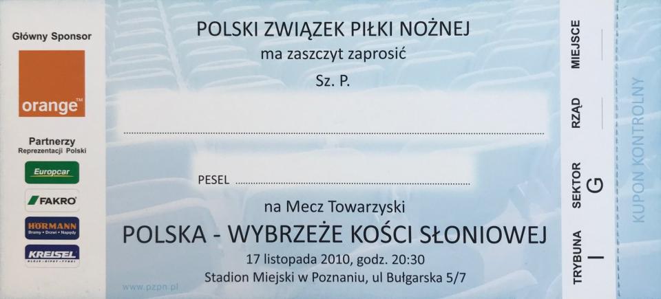 Zaproszenie na mecz Polska - Wybrzeże Kości Słoniowej 3:1 (17.11.2010)