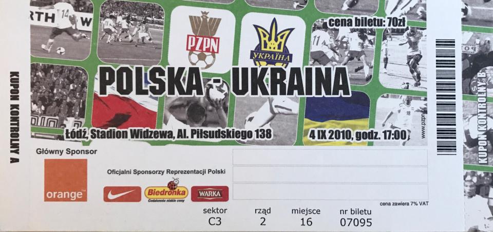 Bilet z meczu Polska – Ukraina 1:1 (04.09.2010)