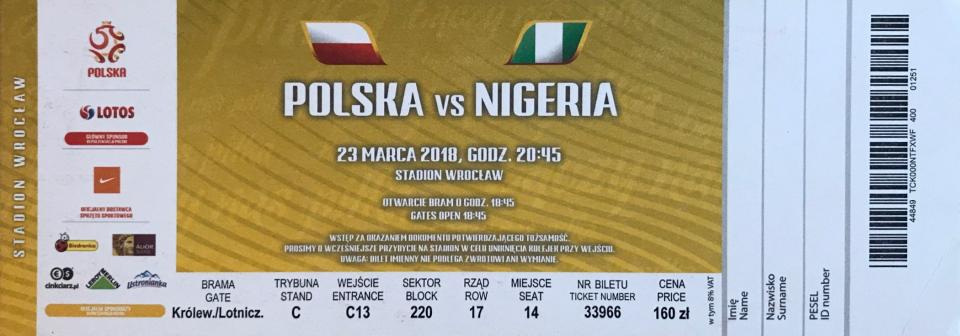 Bilet z meczu Polska - Nigeria 0:1 (23.03.2018)