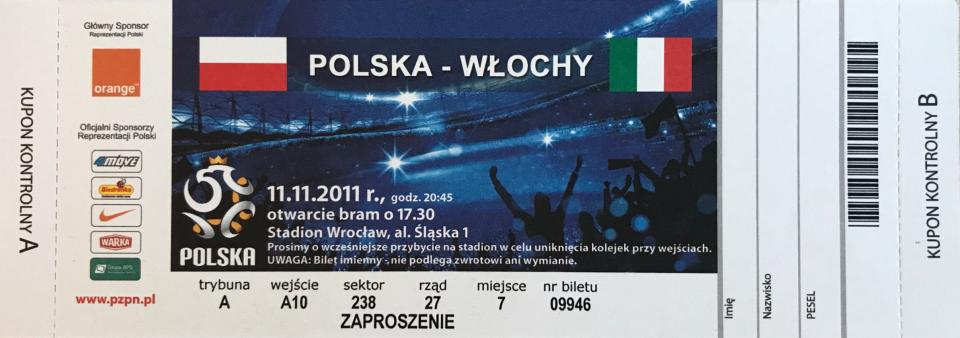 Bilet z meczu Polska – Włochy 0:2 (11.11.2011)