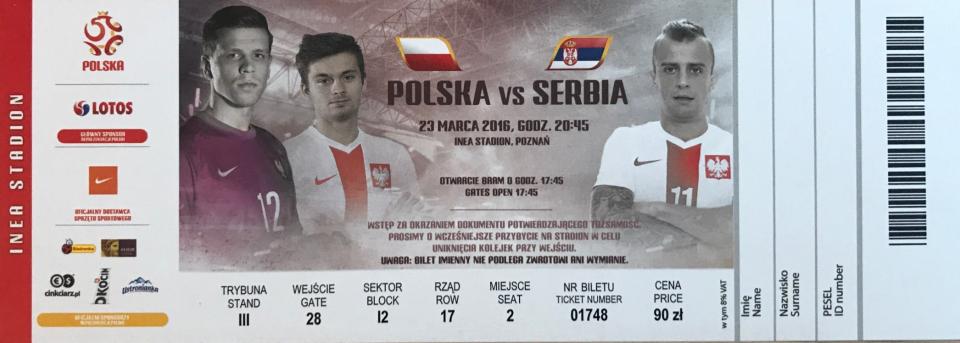 Bilet z meczu Polska – Serbia 1:0 (23.03.2016)
