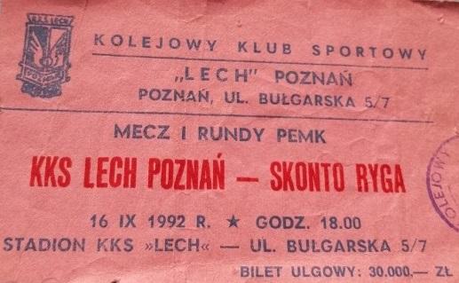 Bilet Lech Poznań - Skonto Ryga 2:0 (16.09.1992) 1