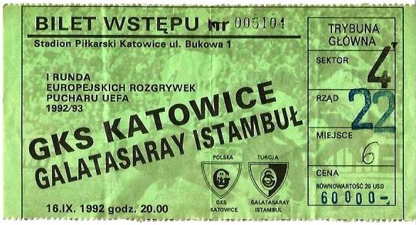 Bilet GKS Katowice - Galatasaray Stambuł 0:0 (16.09.1992)