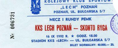 Bilet Lech Poznań - Skonto Ryga 2:0 (16.09.1992) 2