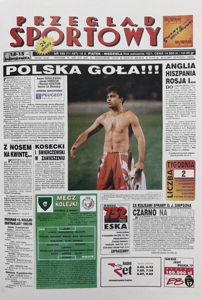 Okładka Przegląd Sportowy po meczu Słowacja - Polska 4:1 (11.10.1995).
