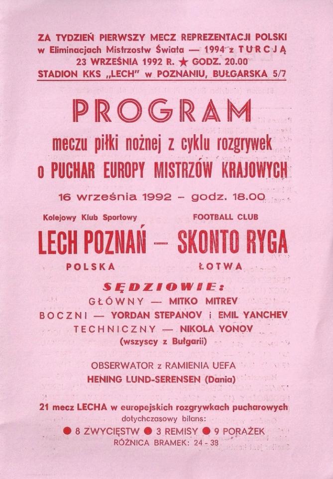 Program Lech Poznań - Skonto Ryga 2:0 (16.09.1992)