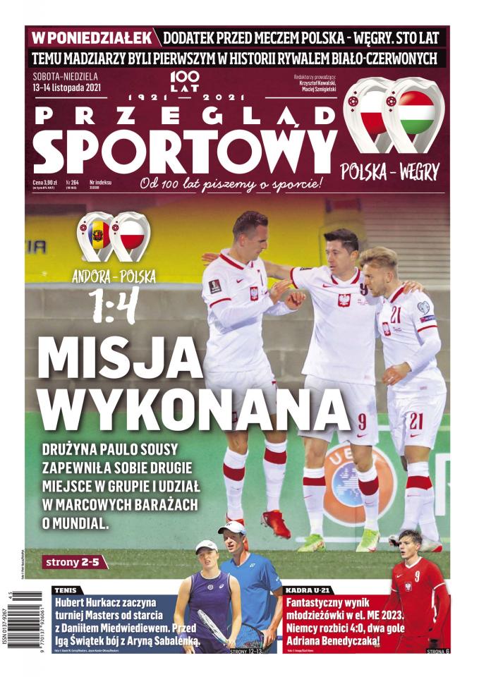 Okładka Przegląd Sportowy po meczu Andora - Polska 1:4 (12.11.2021).