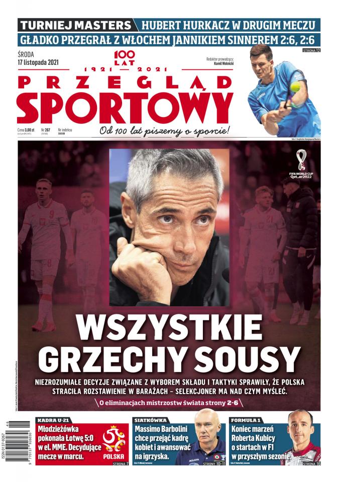 Okładka Przegląd Sportowy po meczu Polska - Łotwa 5:0 U21 (16.11.2021).