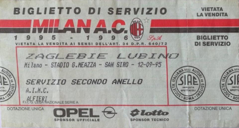 Bilet z meczu AC Milan - Zagłębie Lubin 4:0 (12.09.1995)
