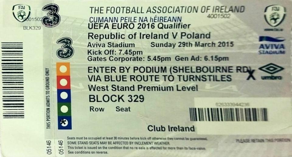 Bilet z meczu Irlandia - Polska 1:1 (29.03.2015).