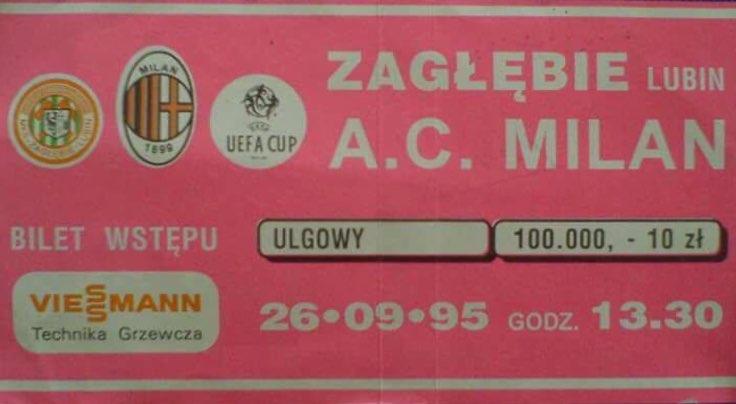 Bilet z meczu Zagłębie Lubin - AC Milan 1:4 (26.09.1995).