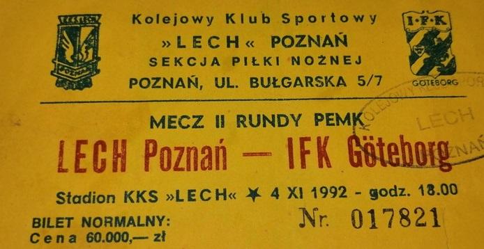 Bilet Lech Poznań - IFK Göteborg 0:3 (04.11.1992) 1