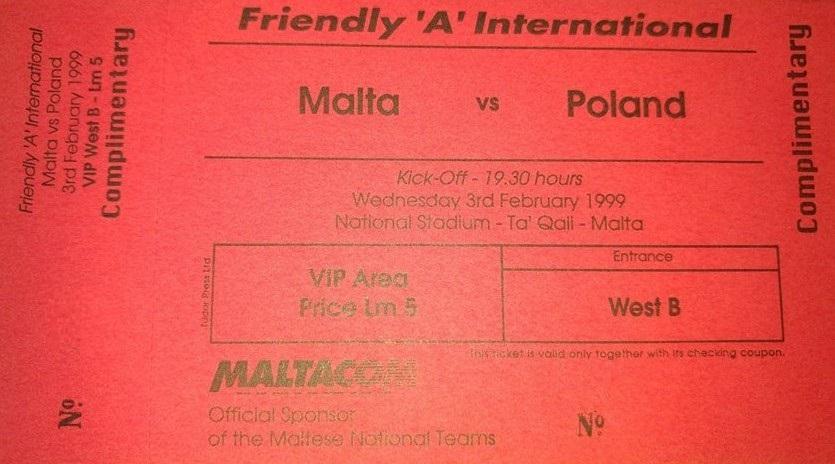 Bilet z meczu Malta - Polska 0:1 (03.02.1999).