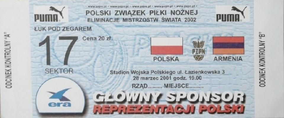 Bilet z meczu Polska - Armenia 4:0 (28.03.2001).