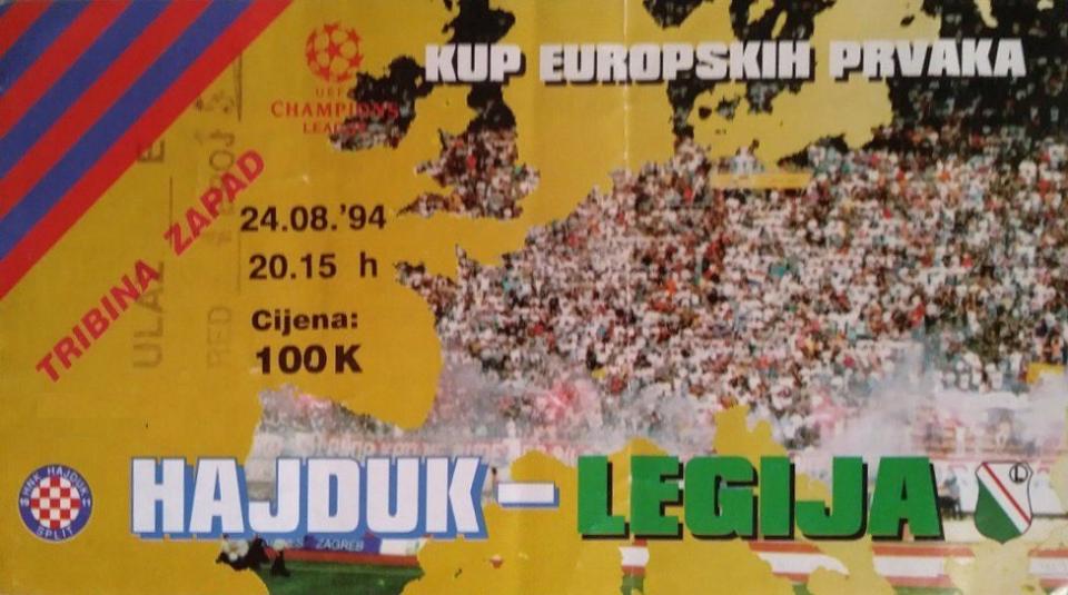 Bilet z meczu Hajduk Split - Legia Warszawa 4:0 (24.08.1994).