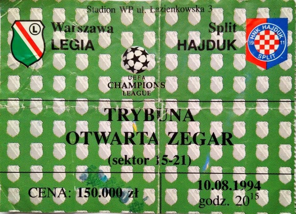 Bilet z meczu Legia Warszawa - Hajduk Split 0:1 (10.08.1994)