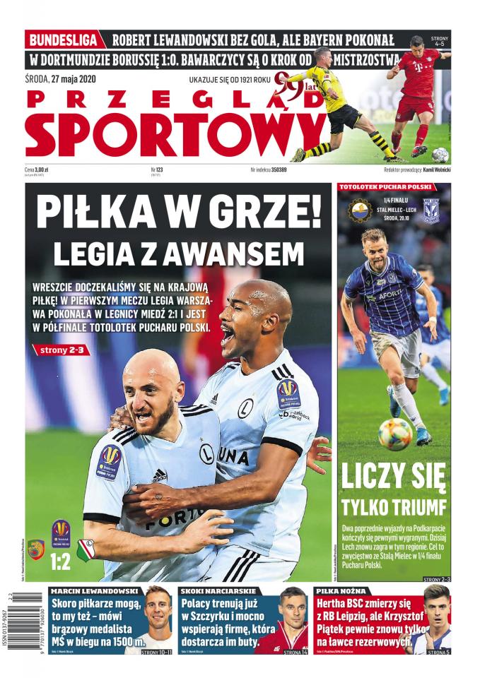 Okładka Przegląd Sportowy po meczu Miedź Legnica - Legia Warszawa 1:2 (26.05.2020).