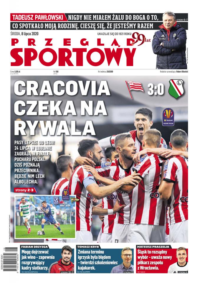Okładka Przegląd Sportowy po meczu Cracovia - Legia Warszawa 3:0 (07.07.2020).