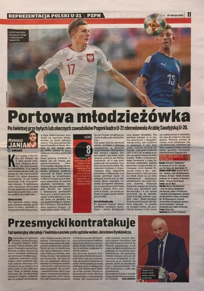 Przegląd Sportowy po meczu Polska U21 - Arabia Saudyjska U21 7-0 (26.03.2021).