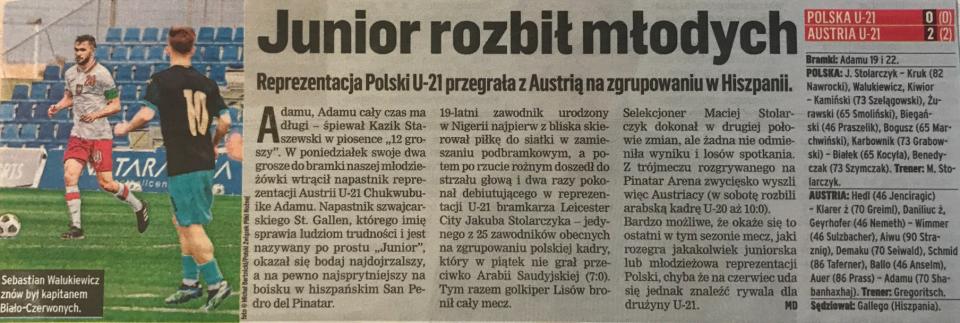 Przegląd Sportowy po meczu Polska U21 - Austria U21 0:2 (29.03.2021).