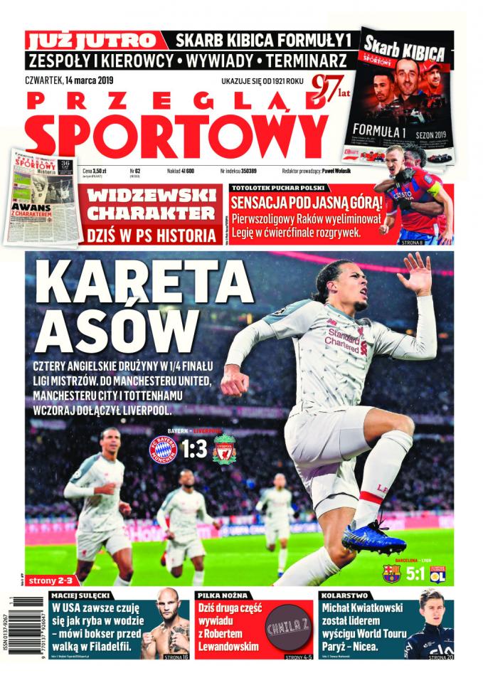 Okładka Przegląd Sportowy po meczu Raków Częstochowa - Legia Warszawa 2:1 pd. (13.03.2019).