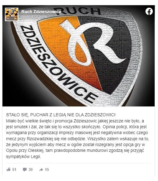Facebook Ruch Zdzieszowice przed meczem z Legią Warszawa (21.09.2017).