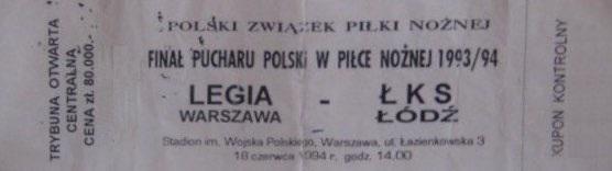 Bilet z meczu Legia Warszawa - ŁKS Łódź 2:0 (18.06.1994).