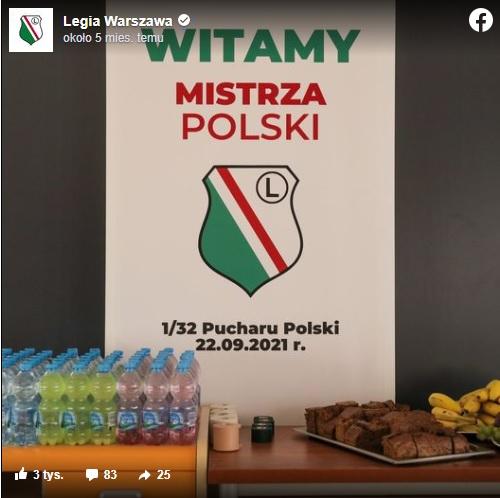 Facebook Legia Warszawa przed meczem z Wigrami Suwałki (22.09.2021).