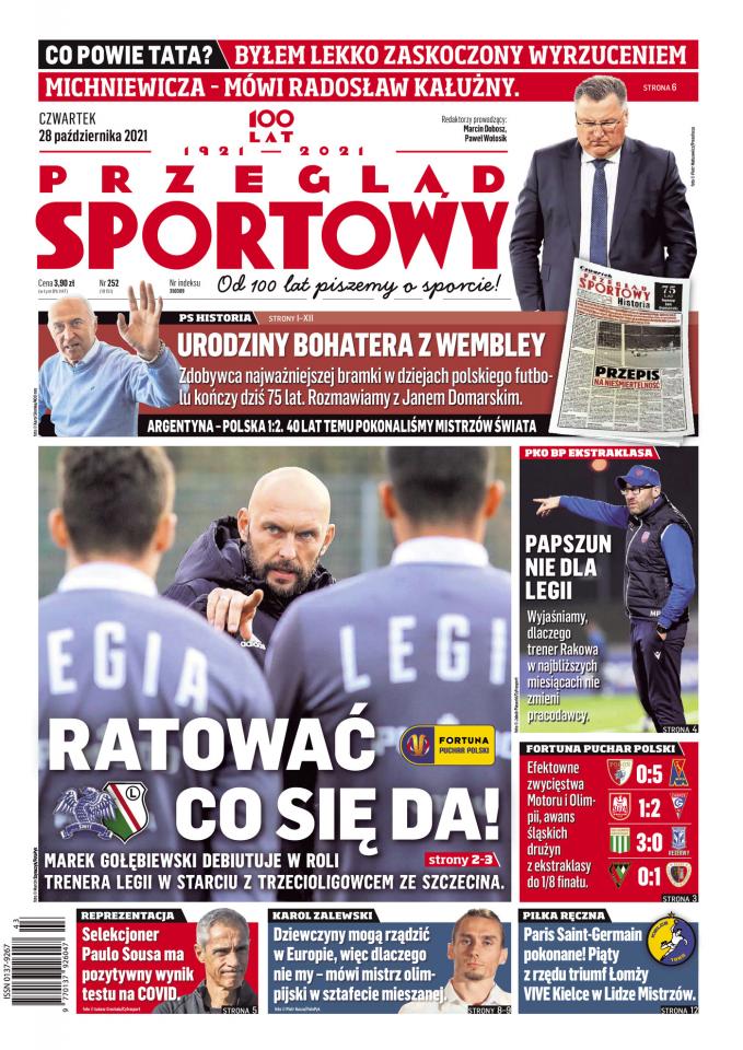 Okładka Przegląd Sportowy przed meczem Świt Skolwin Szczecin - Legia Warszawa 0:1 (28.10.2021)