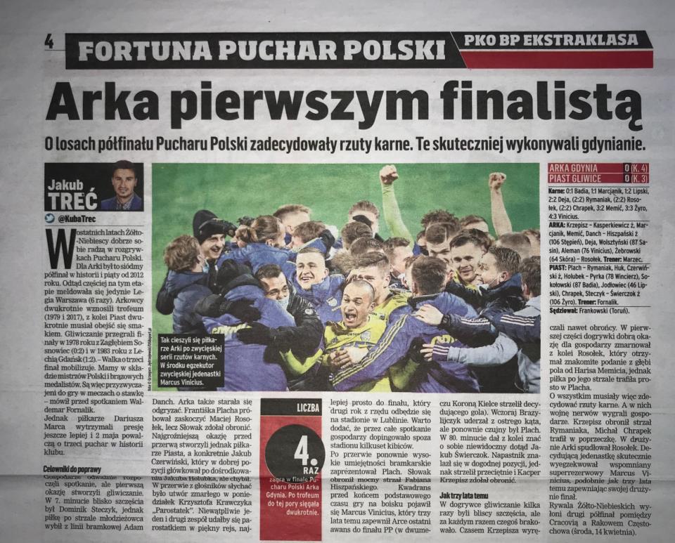 Przegląd Sportowy po meczu Arka Gdynia - Piast Gliwice 0:0, k. 4-3 (07.04.2021).