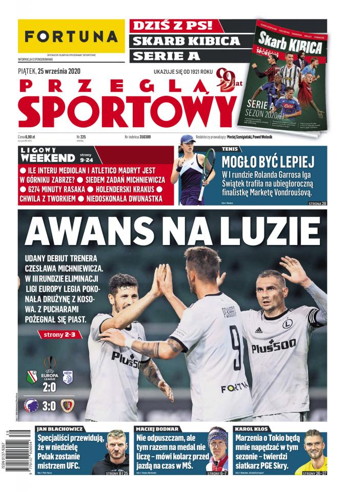 Okładka Przegląd Sportowy po FC København - Piast Gliwice 3:0 i Legia Warszawa - Drita Gnjilane 2:0 (24.09.2020)