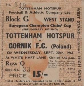 Bilet Tottenham Hotspur - Górnik Zabrze 8:1 (20.09.1961) 2