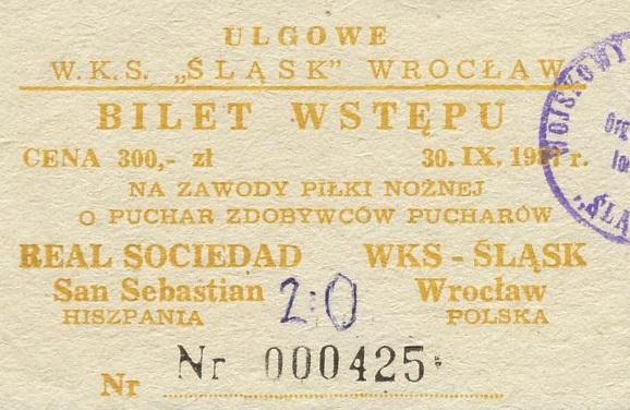 Bilet Śląsk Wrocław - Real Sociedad 0:2 (30.09.1987) 2