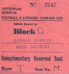 Bilet Tottenham Hotspur - Górnik Zabrze 8:1 (20.09.1961) 1
