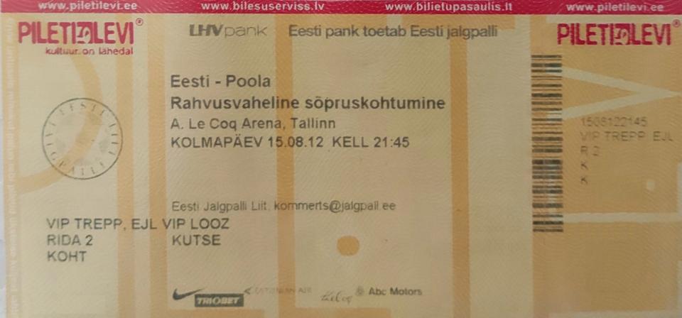 Bilet z meczu Estonia - Polska 1:0 (15.08.2012).