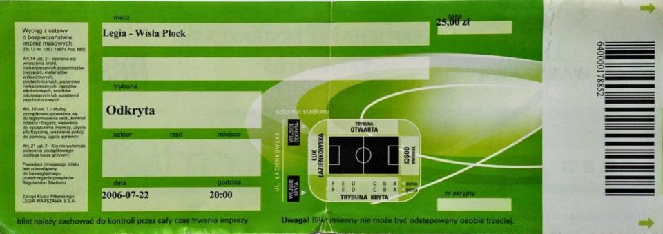 Bilet z meczu Legia Warszawa - Wisła Płock 1:2 (22.07.2006)