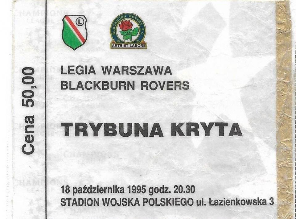 Bilet z meczu Legia Warszawa - Blackburn Rovers 1:0 (18.10.1995).