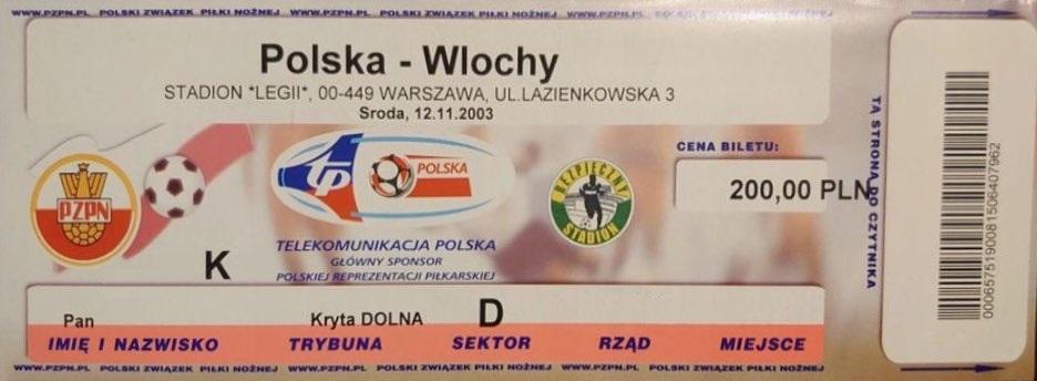Bilet z meczu Polska - Włochy 3:1 (12.11.2003)