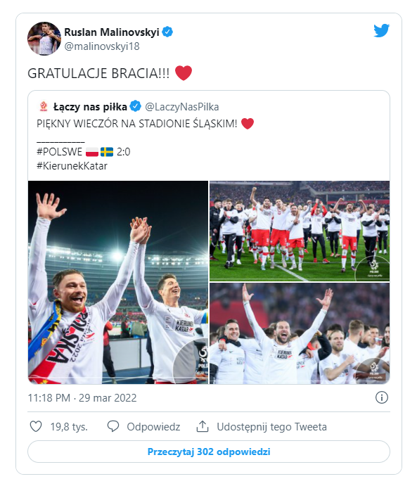 Twitt Rusłan Malinowskij po meczu Polska - Szwecja 2:0 (29.03.2022).