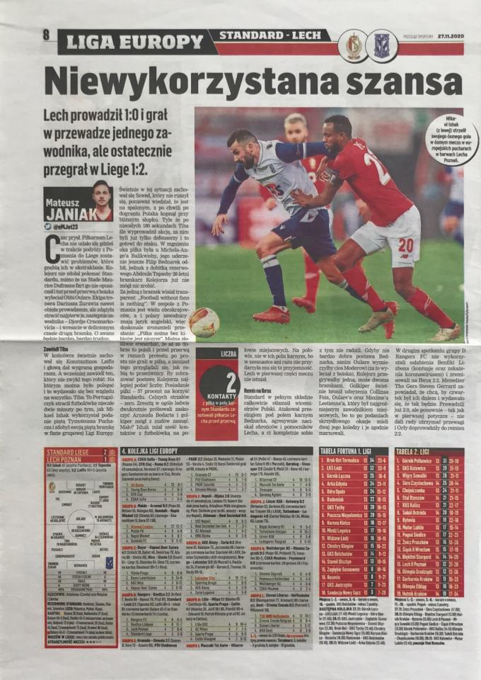 Przegląd Sportowy po meczu Standard Liège - Lech Poznań 2:1 (26.11.2020).