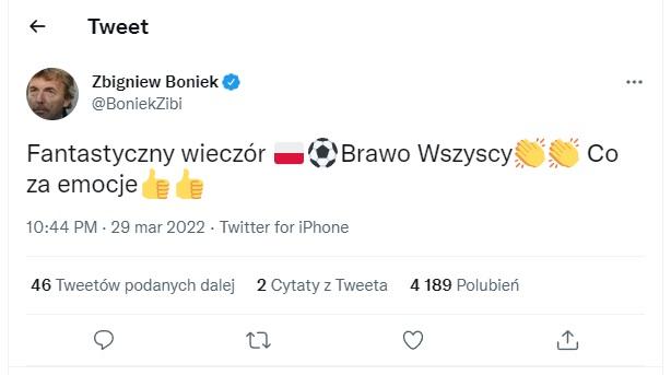 Twitt Zbigniewa Bońka po meczu Polska - Szwecja 2:0 (29.03.2022).
