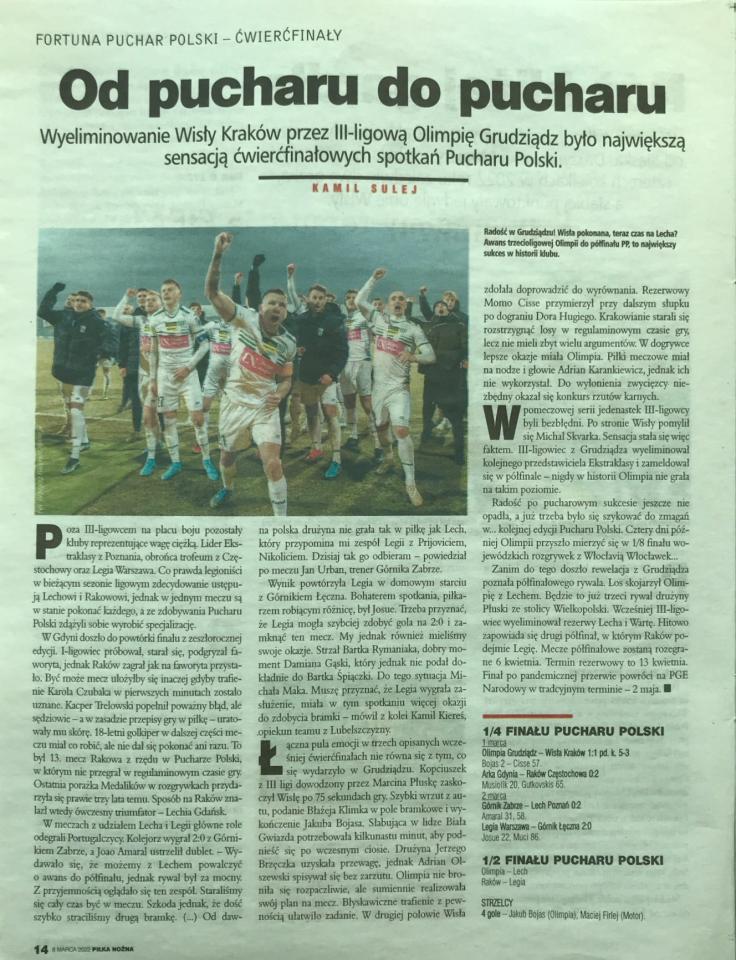Piłka Nożna po meczu Olimpia Grudziądz - Wisła Kraków 1-1, k. 5-3 (01.03.2022).