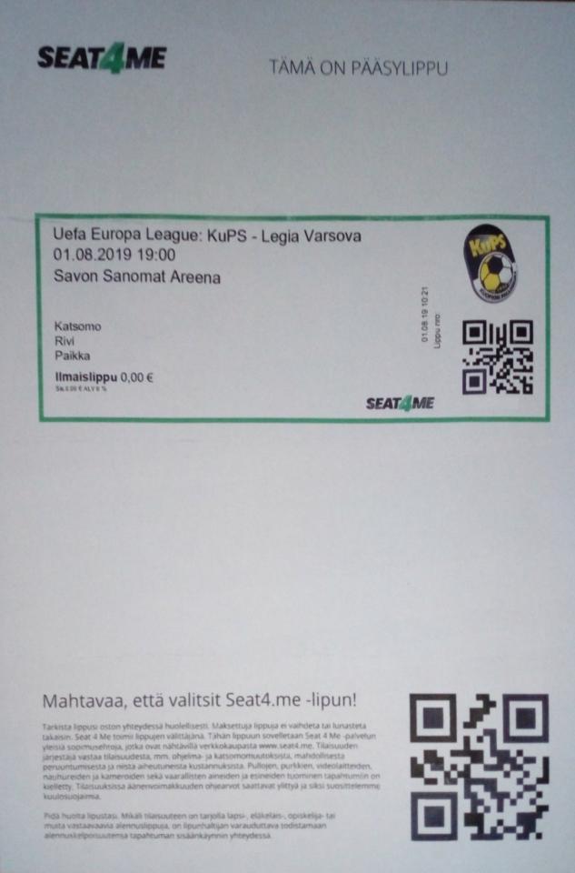 Bilet z meczu Kuopion Palloseura - Legia Warszawa 0:0 (01.08.2019)