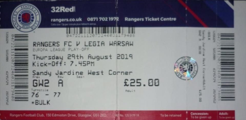 Bilet z meczu Rangers FC - Legia Warszawa 1:0 (29.08.2019).