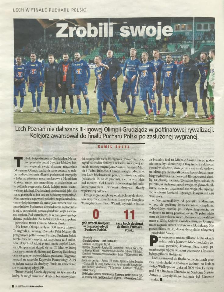 Piłka Nożna po meczu Olimpia Grudziądz - Lech Poznań 0:3 (05.04.2022).