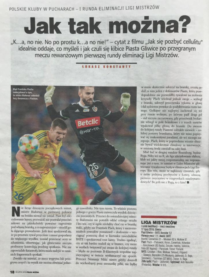 Piłka Nożna po meczu Piast Gliwice - BATE Borysów 1:2 (17.07.2019)