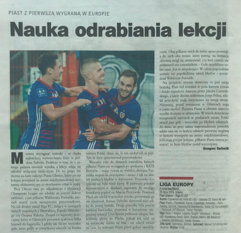 Piłka Nożna po meczu Piast Gliwice - Riga FC 3:2 (25.07.2019).
