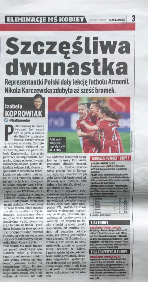 Przegląd Sportowy po meczu Polska - Armenia 12:0 (07.04.2022).