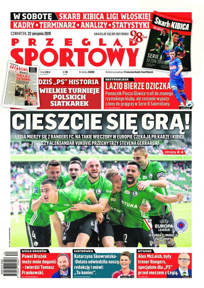 Okładka Przegląd Sportowy przed meczem Legia Warszawa - Rangers FC 0:0 (22.08.2019)